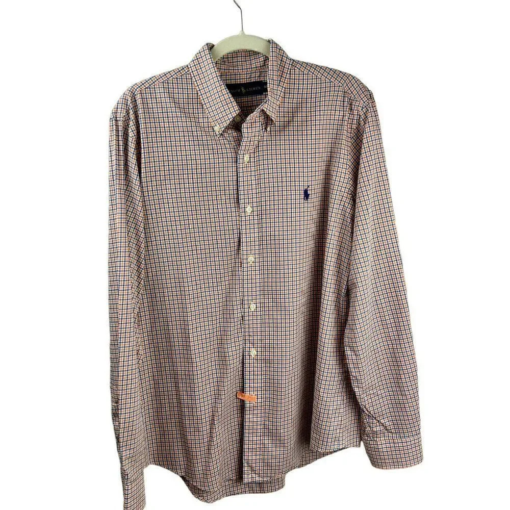 Ralph Lauren Button Down Shirt, Size Medium, Plaid, Long Sleeves, Blue, Orange‎